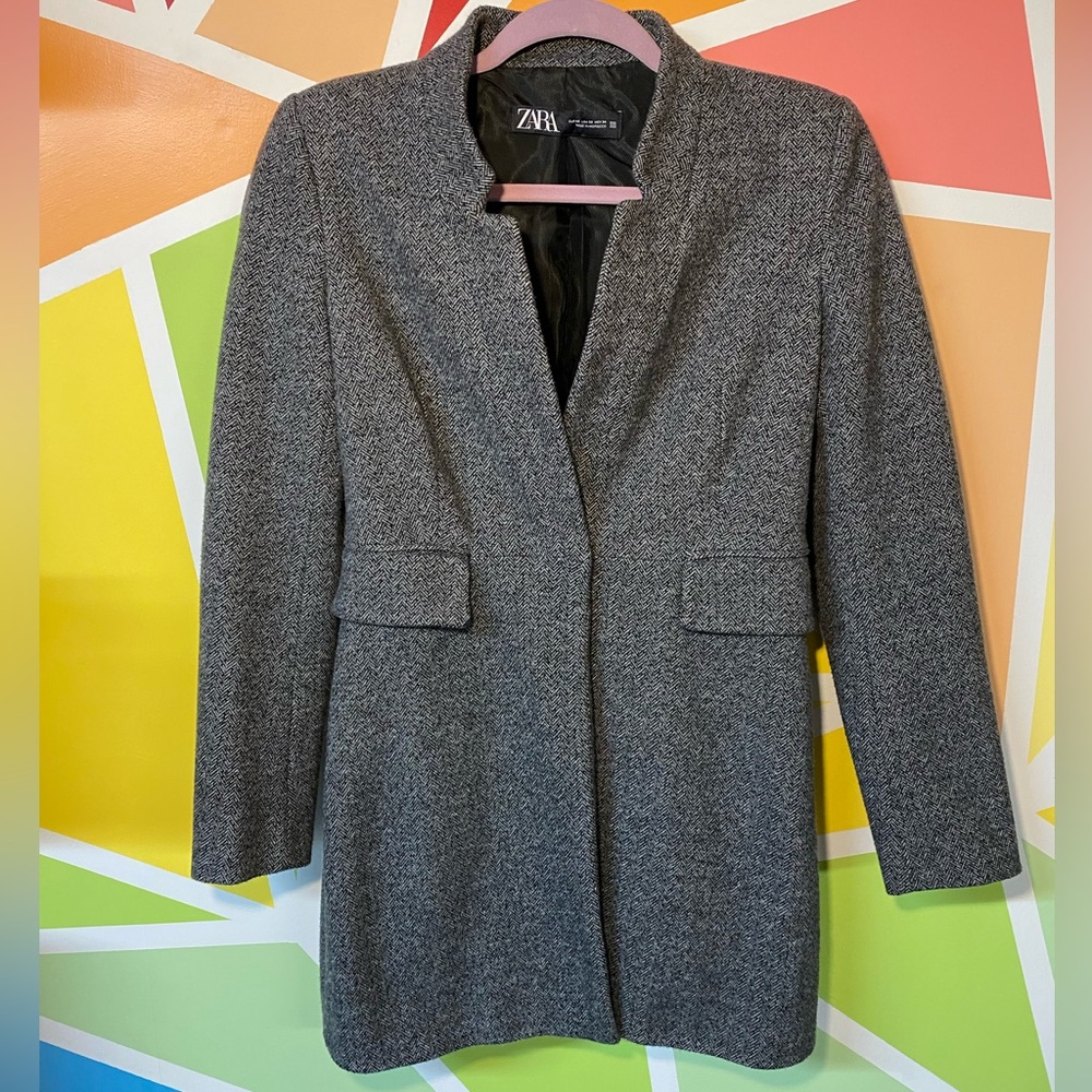 ZARA Dark Gray Herringbone Single Button Front Overcoat - XS